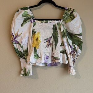 Zara smocked puff sleeve floral top